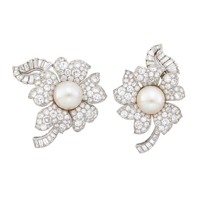 Lot 302 - Chaumet Pair of Platinum, Natural Saltwater and Freshwater Button Pearl and Diamond Flower Clip-Brooches, France