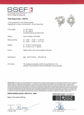 Lot 302 - Chaumet Pair of Platinum, Natural Saltwater and Freshwater Button Pearl and Diamond Flower Clip-Brooches, France