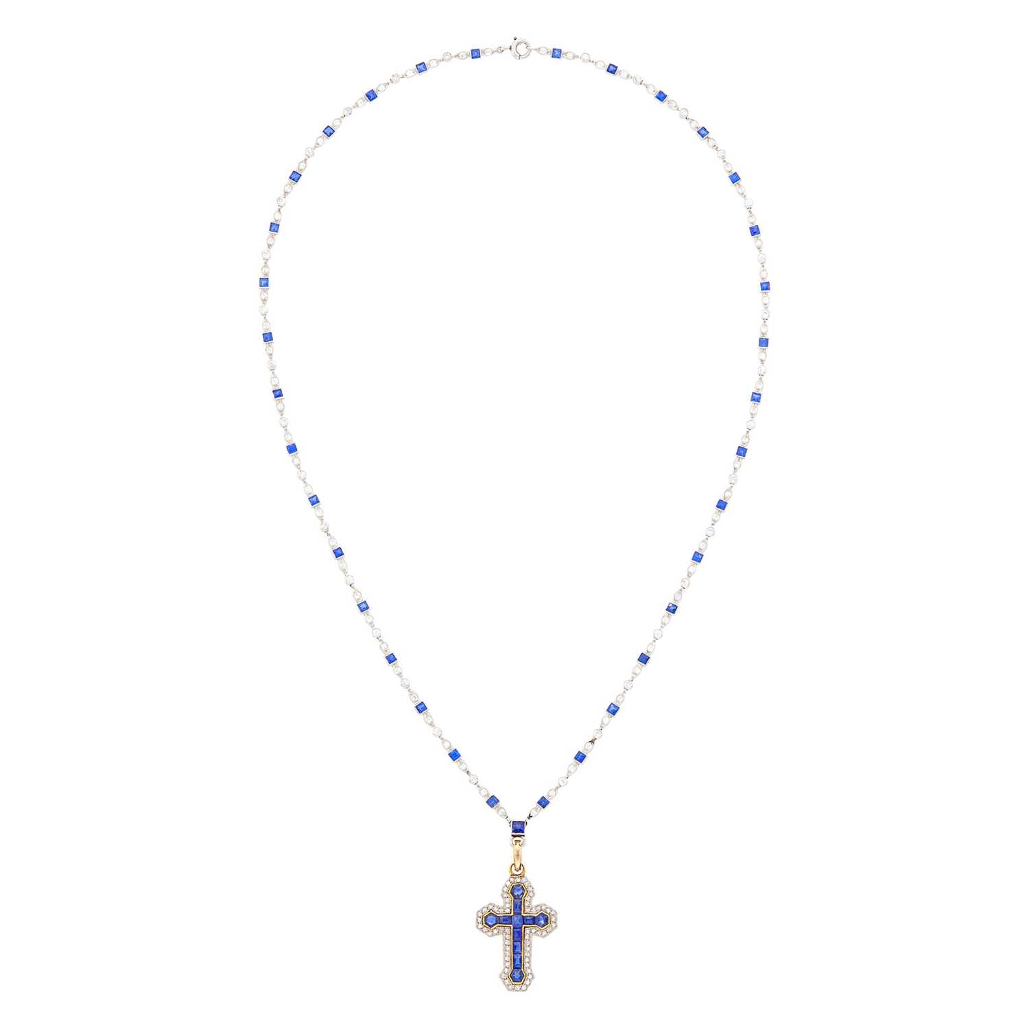 Lot 217 - Platinum, Gold, Sapphire and Diamond Cross Pendant with Platinum, Diamond and Sapphire Chain Necklace