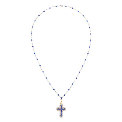 Lot 217 - Platinum, Gold, Sapphire and Diamond Cross Pendant with Platinum, Diamond and Sapphire Chain Necklace