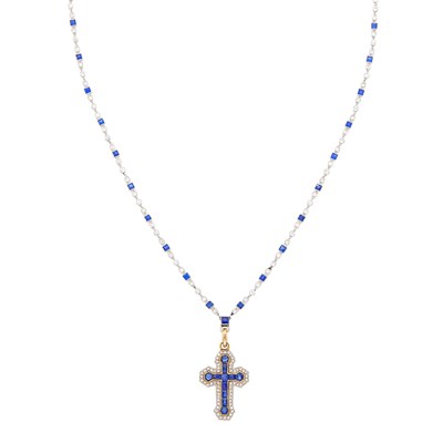 Lot 217 - Platinum, Gold, Sapphire and Diamond Cross Pendant with Platinum, Diamond and Sapphire Chain Necklace