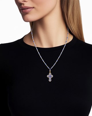 Lot 217 - Platinum, Gold, Sapphire and Diamond Cross Pendant with Platinum, Diamond and Sapphire Chain Necklace