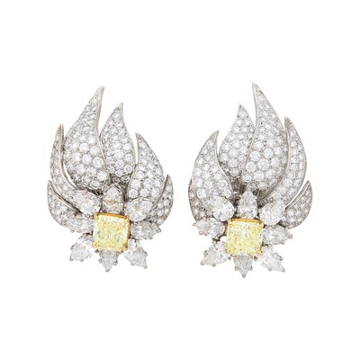 Lot 297 - Graff Pair of White Gold, Fancy Yellow Diamond and Diamond Flare Earclips