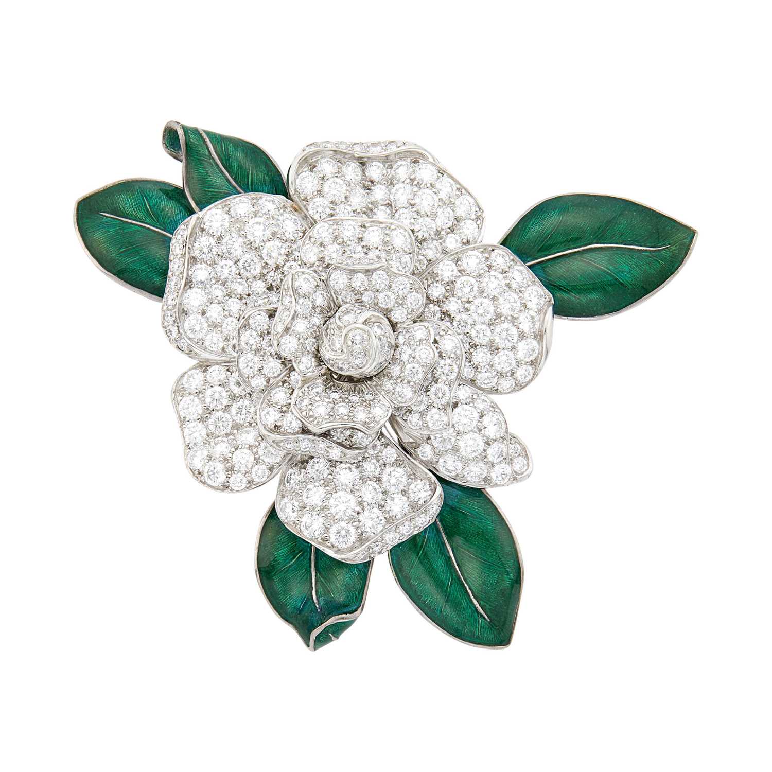 Lot 299 - Oscar Heyman & Brothers Platinum, White Gold, Diamond and Green Enamel 'Gardenia' Clip-Brooch