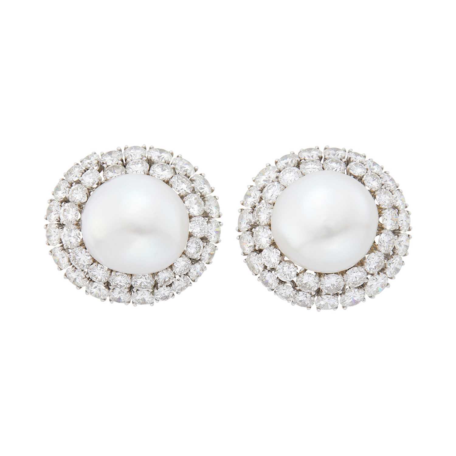 Lot 294 - David Webb Pair of Platinum, Semi-Baroque South Sea Cultured Button Pearl and Diamond Earclips