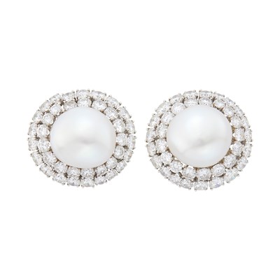 Lot 294 - David Webb Pair of Platinum, Semi-Baroque South Sea Cultured Button Pearl and Diamond Earclips