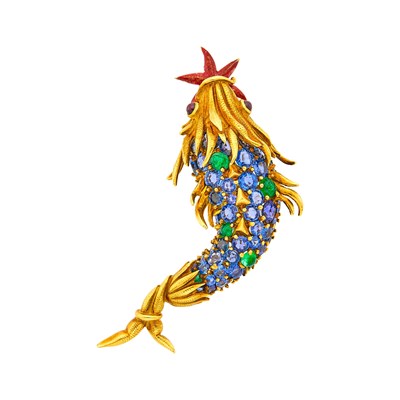 Lot 42 - Tiffany & Co., Schlumberger Gold, Sapphire, Cabochon Emerald and Enamel 'Dauphin' Clip-Brooch