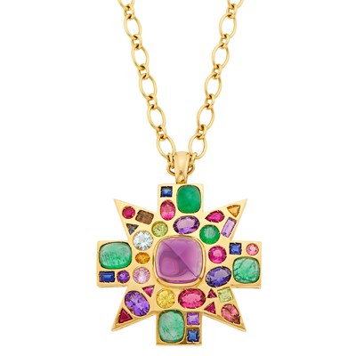 Lot 95 - Verdura Gold and Gem-Set Maltese Cross Pendant Clip-Brooch with Chain Necklace