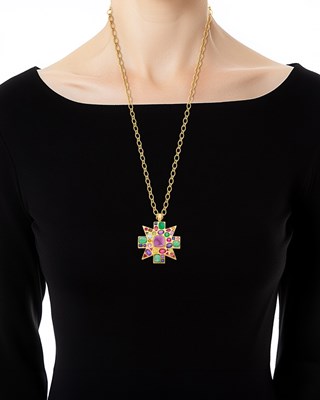 Lot 95 - Verdura Gold and Gem-Set Maltese Cross Pendant Clip-Brooch with Chain Necklace