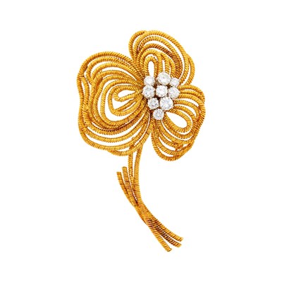 Lot 182 - Van Cleef & Arpels Gold and Diamond Flower Clip-Brooch