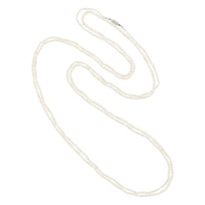 Lot 149 - Long Pearl Necklace with Platinum, Gold and Diamond Clasp