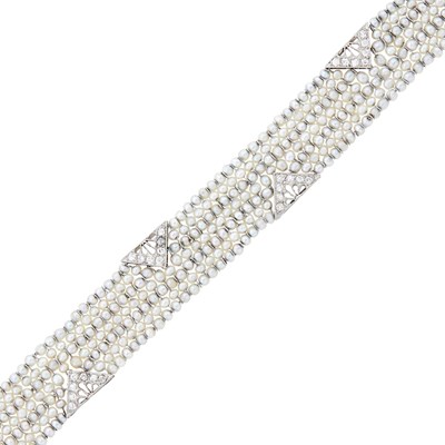 Lot 156 - Seven Strand Seed Pearl, Platinum and Diamond Mesh Bracelet