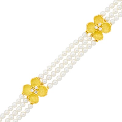 Lot 9 - Tiffany & Co. Triple Strand Cultured Pearl, Gold and Diamond 'Tiffany Classics Dogwood' Bracelet