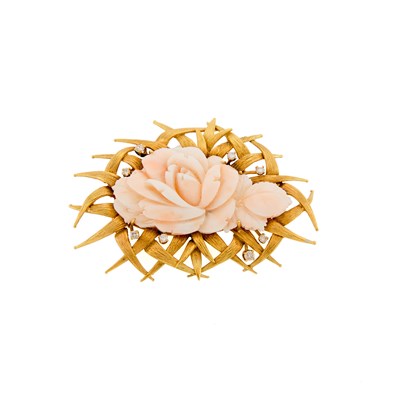 Lot 1083 - Gold, Carved Angel Skin Coral and Diamond Brooch