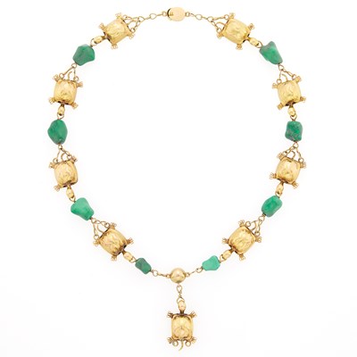 Lot 1187 - Gold and Tumbled Turquoise Turtle Link Pendant-Necklace