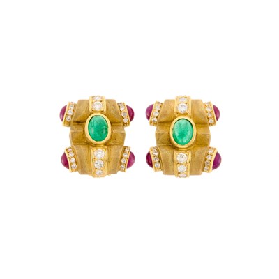 Lot 1027 - Pair of Gold, Cabochon Emerald and Ruby and Diamond Earrings