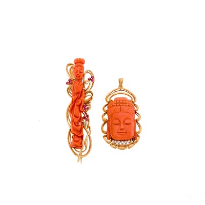Lot 1271 - Gold, Carved Coral and Ruby Brooch and Gold, Carved Coral and Diamond Pendant