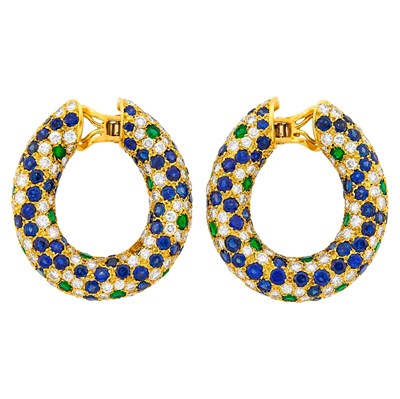 Lot 259 - Péry et Fils for Van Cleef & Arpels Pair of Gold, Sapphire, Emerald and Diamond Hoop Earclips, France