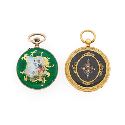 Lot 1176 - Gold, Black Enamel and Diamond Open Face Pendant-Watch and Silver and Enamel Open Face Pendant-Watch