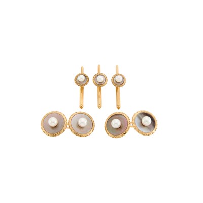 Lot 1302 - Mikimoto Gold, Gray Mother-of-Pearl and Cultured Pearl Dress Set