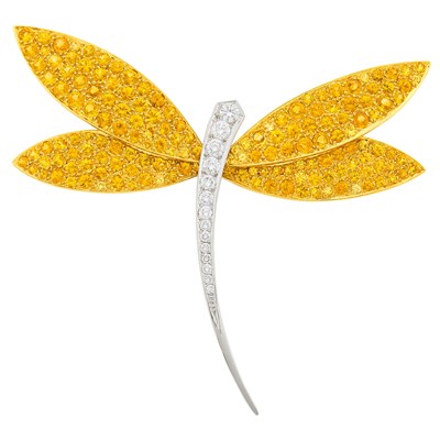 Lot 166 - Van Cleef & Arpels Two-Color Gold, Yellow Sapphire and Diamond Dragonfly Clip-Brooch, France