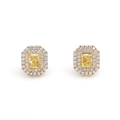 Lot 62 - Two Diamond Earrings, 82 diamonds, 2 stones about 5.00 cts., Natural Fancy Yellow, 80 stones about 2.25 cts., 14K 6 dwt. with GIA Report #62133
