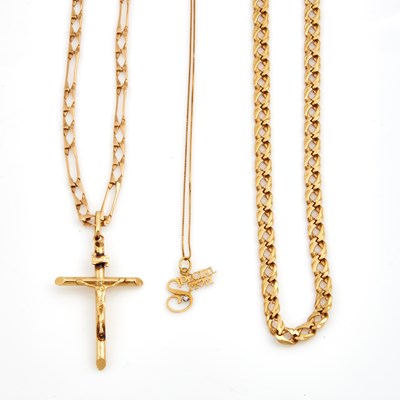 Lot 149 - Diamond Pendant, Gold Pendant and Three Neck Chains, 14K 34 dwt.