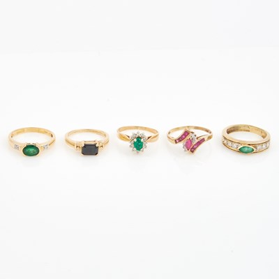 Lot 170 - Four Diamond and Stone Rings and Gold and Stone Ring, 14K 7 dwt. and 10K 1 dwt. all