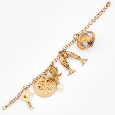Lot 201 - Gold Charm Bracelet with 5 gold, stone and metal charms attached, 14K and Metal 14 dwt. all, stones missing and damaged