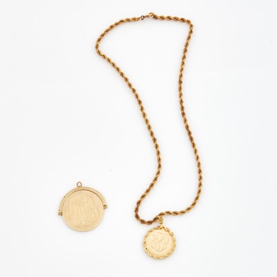 Lot 208 - Two Gold Pendants and Neck Chain, 14K 17 dwt., damaged