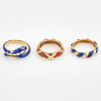 Lot 210 - Three Gold and Enamel Rings, 18K 8 dwt. all, damaged