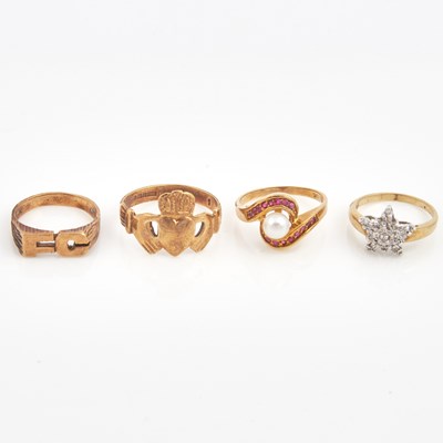 Lot 234 - Diamond Ring and Three Gold, Bead and Stone Rings, 10K 4 dwt. and 9K 5 dwt. all