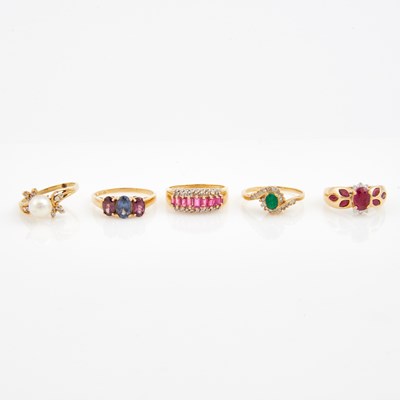 Lot 246 - Five Diamond and Stone Rings, 14K 9 dwt. all