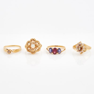 Lot 249 - Diamond Ring and Three Gold and Stone Rings, 14K 8 dwt. all