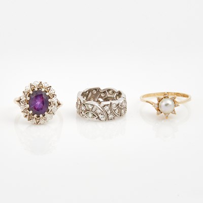 Lot 296 - Three Diamond, Bead and Stone Rings, 14K 4 dwt., and Platinum 4 dwt., all