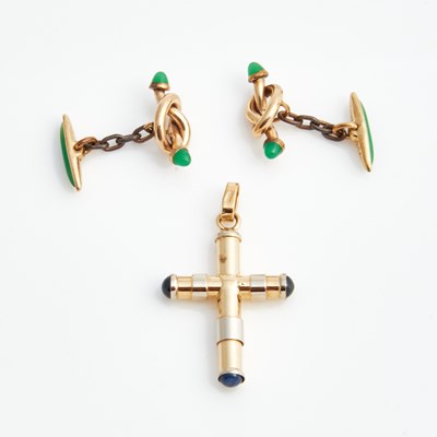 Lot 365 - Gold and Stone Pendant, 14K 3 dwt. all and Two Metal Cuff Links