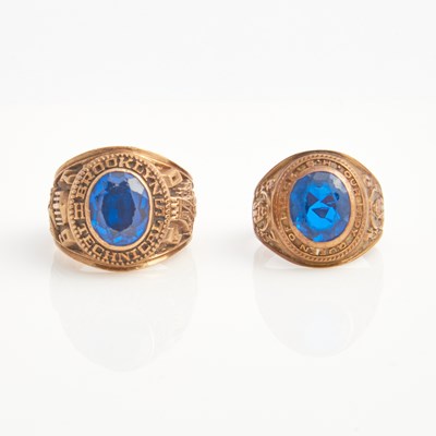 Lot 401 - Two Gold and Stone School Rings, 10K 14 dwt. all