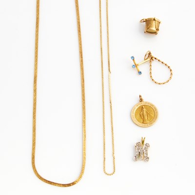 Lot 405 - Diamond Pendant, Three Gold and Stone Pendants and Two Neck Chains, 18K and 14K 8 dwt. all, damaged