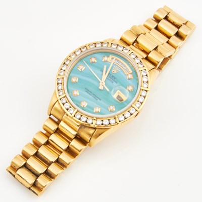 Lot 467 - Mans Gold and Stone Bracelet Watch, 27 Jewels, Rolex, 36mm with aftermarket modifications, 18K      90 dwt. all
