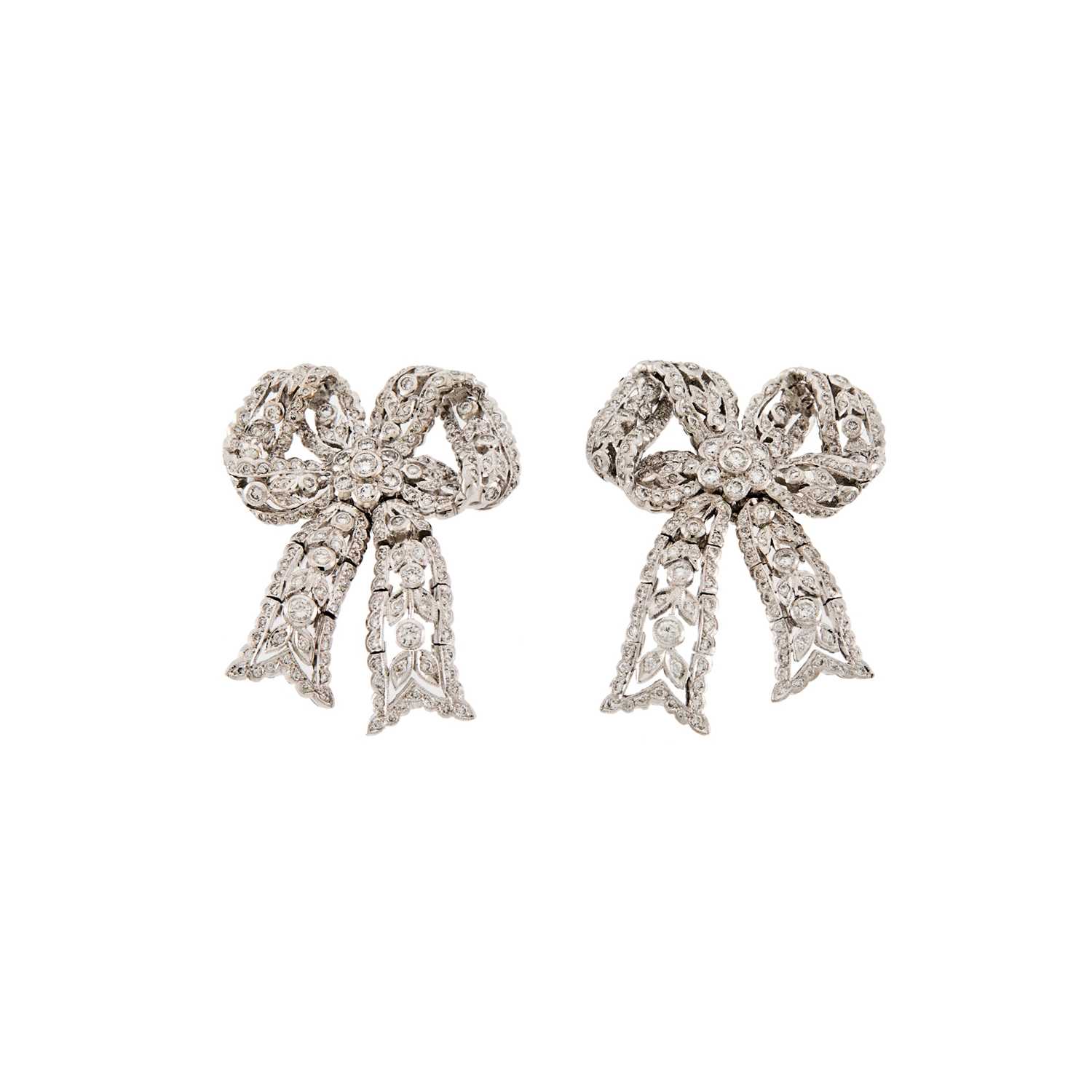 Lot 157 - Pair of White Gold and Diamond Bow Earrings