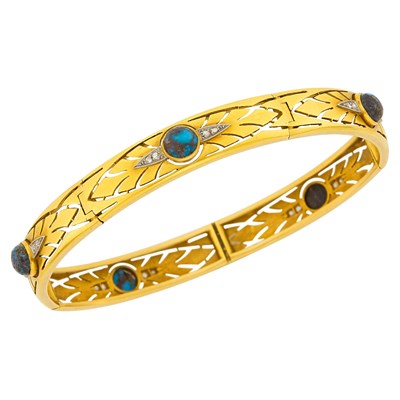 Lot 189 - Edyad for Maxime Piochet Gold, Platinum, Matrix Turquoise and Diamond Upper Arm Bangle Bracelet, France