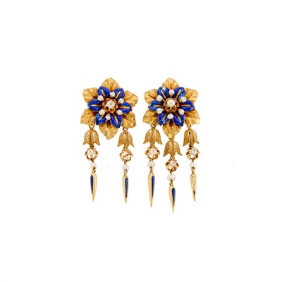 Lot 1191 - Pair of Gold, Blue Enamel and Seed Pearl Flower Fringe Earrings