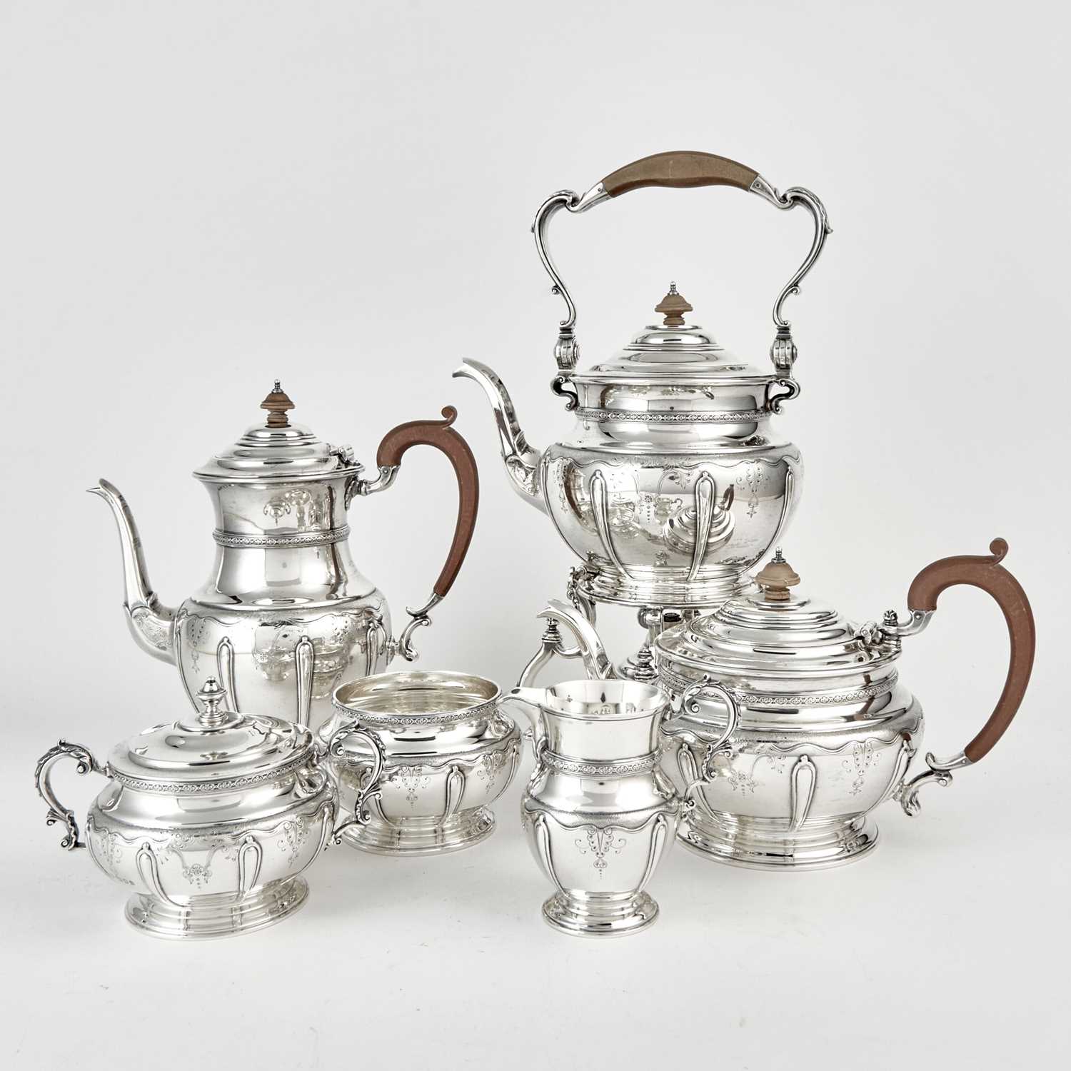 Lot 3101 - English Sterling Silver and Wood Six-Piece Coffee and Tea Service