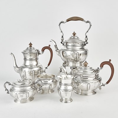 Lot 3101 - English Sterling Silver and Wood Six-Piece Coffee and Tea Service