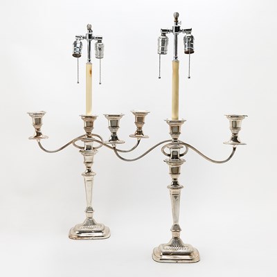 Lot 3123 - Pair of Regency Style Silver-Plated Candelabra Mounted as Lamps