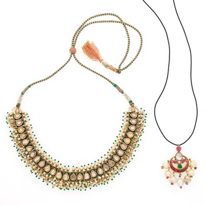 Lot 1312 - Two Indian Gold, Jaipur Enamel, Emerald, Ruby and Cultured Pearl Necklaces