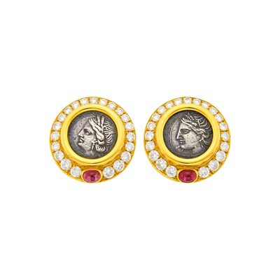 Lot 17 - Bulgari Pair of Gold, Silver Coin, Cabochon Ruby and Diamond 'Monete' Earclips