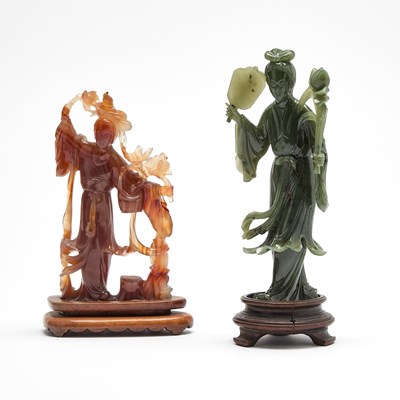 Lot 73 - Two Chinese Hardstone Figures of Meiren and Wooden Stands