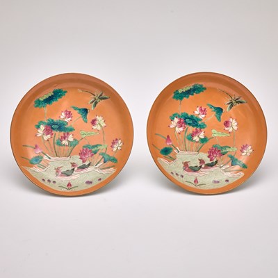 Lot 252 - A Pair of Chinese Orange-Ground Enameled Porcelain Dishes