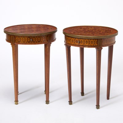 Lot 3047 - Pair of Louis XVI Style Green-Stained Sycamore and Fruitwood Parquetry Occasional Tables